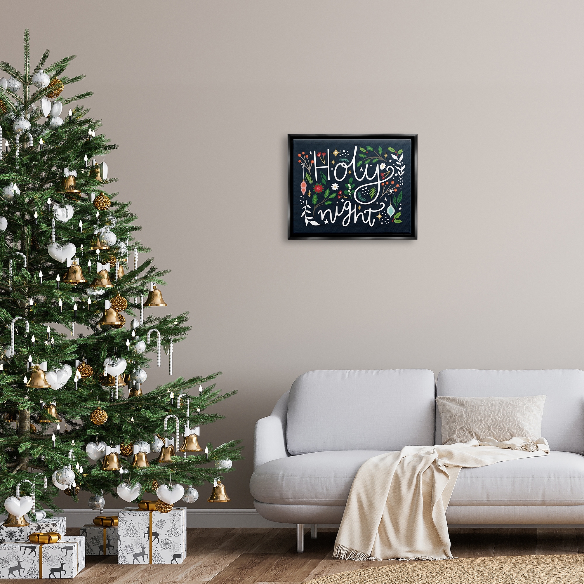 Stupell Industries Holy Night Modern Calligraphy Holiday Winter Botanicals Graphic Art Jet Black Floating Framed Canvas Print Wall Art, Design by Louise Allen
