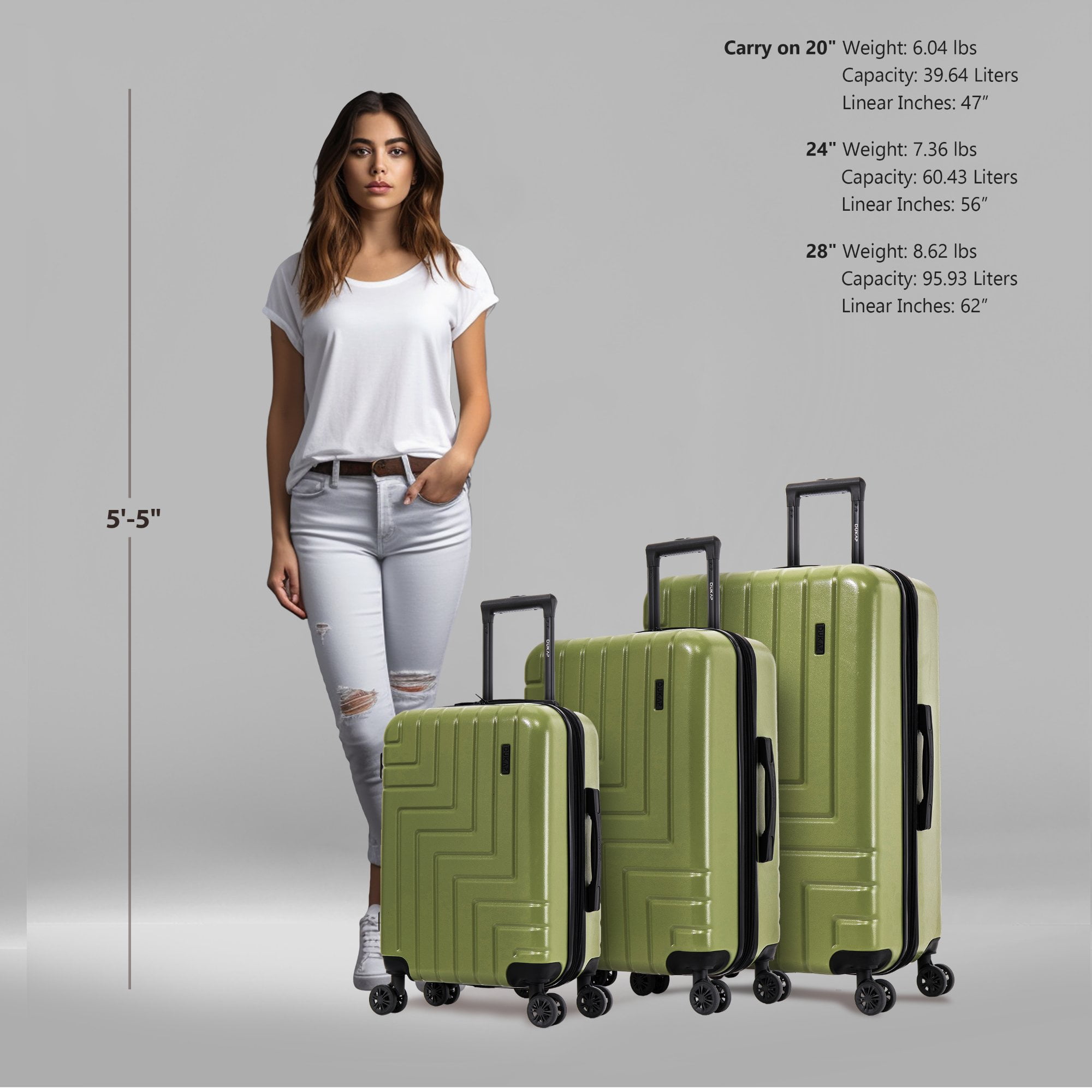 DUKAP ZAHAV 3-Piece Hardside Luggage Sets with Spinner Wheels, Handle and Trolley, (20"/24"/28"), Green