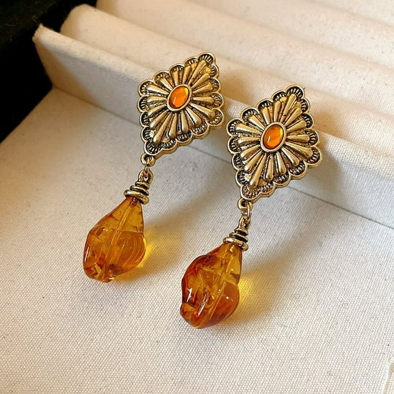 Clearance Under 10 Earrings Vintage Amber Crystal Dangle Earrings with Antique Gold Fan Design - Elegant Statement Jewelry B