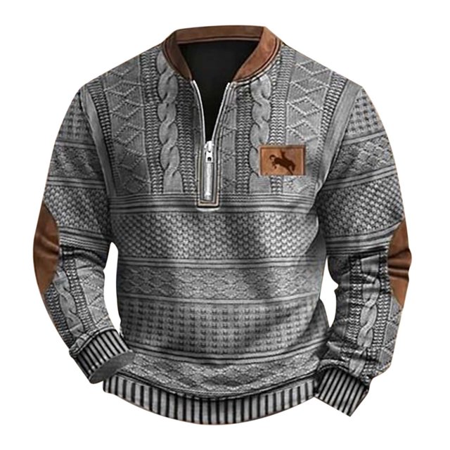 2024 Automne Hiver Mode Homme Décontracté Imprimé Numérique 3D Demi-Fermeture à Glissière Col Rond Chandail en Molleton Sans Capuche Imitation Tricoté Tissu Confortable
