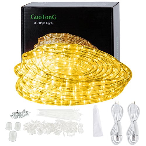 GUOTONG 50ft/15m Plug in LED Rope Lights featuring 540 warm white LEDs with a 3000K color temperature. The lights are encased in a durable, clear PVC tube with a 0.4-inch diameter, making them waterproof and suitable for indoor and outdoor use. The set includes two 110V 8A cable plugs, a power socket connector with a fuse holder, and installation accessories. Ideal for backyards, Christmas decorations, and year-round lighting needs.