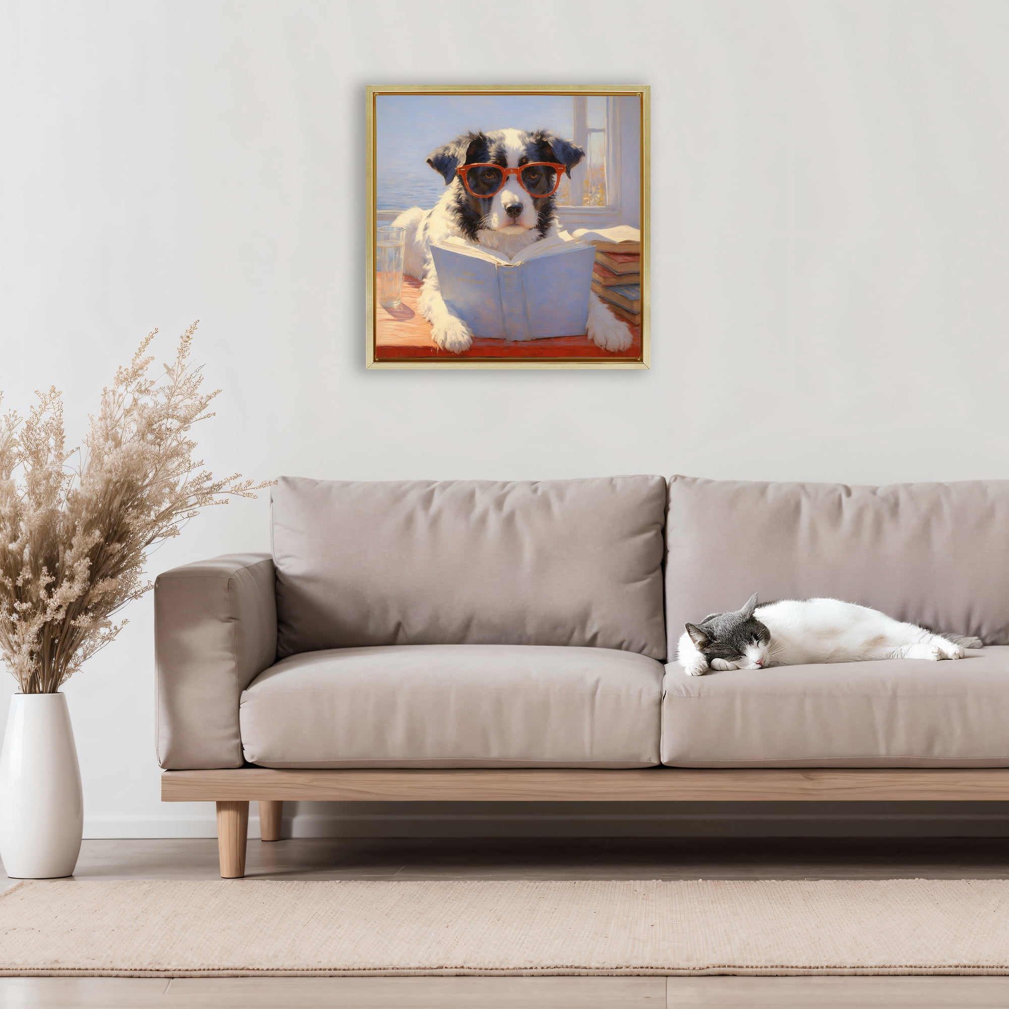 Stupell Industries Sunlit Dog Reading By Window Gold Framed Floater Canvas Wall Art, design by Angie Hawke