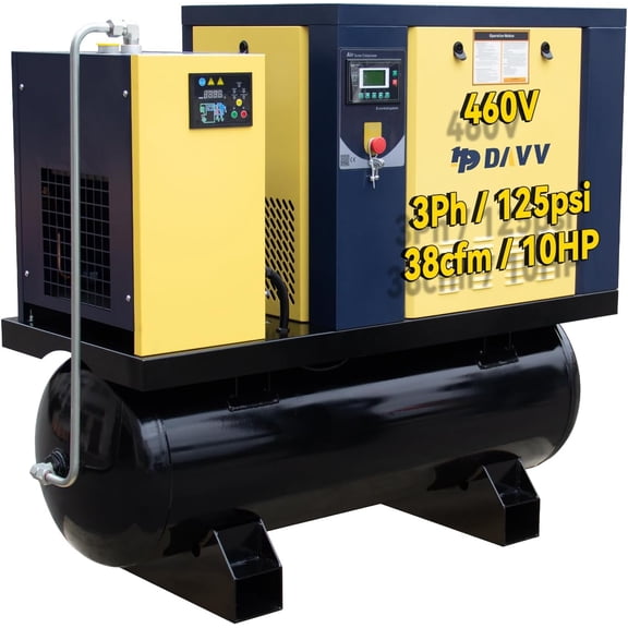 HPDAVV 460V 3-Phase Rotary Screw Air Compressor With ASME Tank & Refrigerated Dryer - 10HP/7.5KW - 40CFM/125PSI - 80 Gallon ASME Tank Industrial Air Compressed System Base Mounted