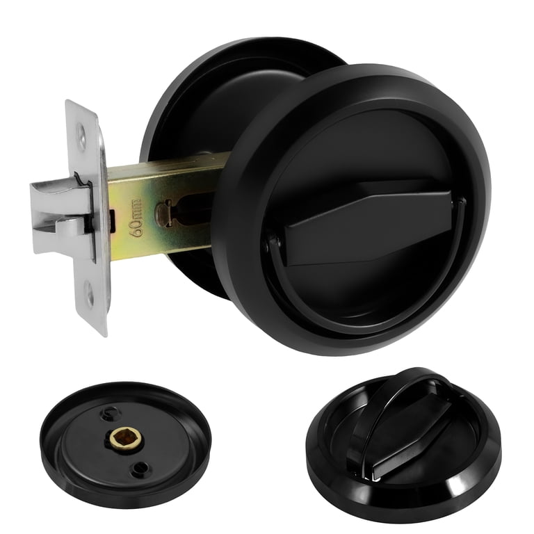Round Recessed Door Lock – 304 Stainless Steel Hidden Cup Handle With Pull Rings For Pocket Doors, Bathroom, Bedroom (Black)