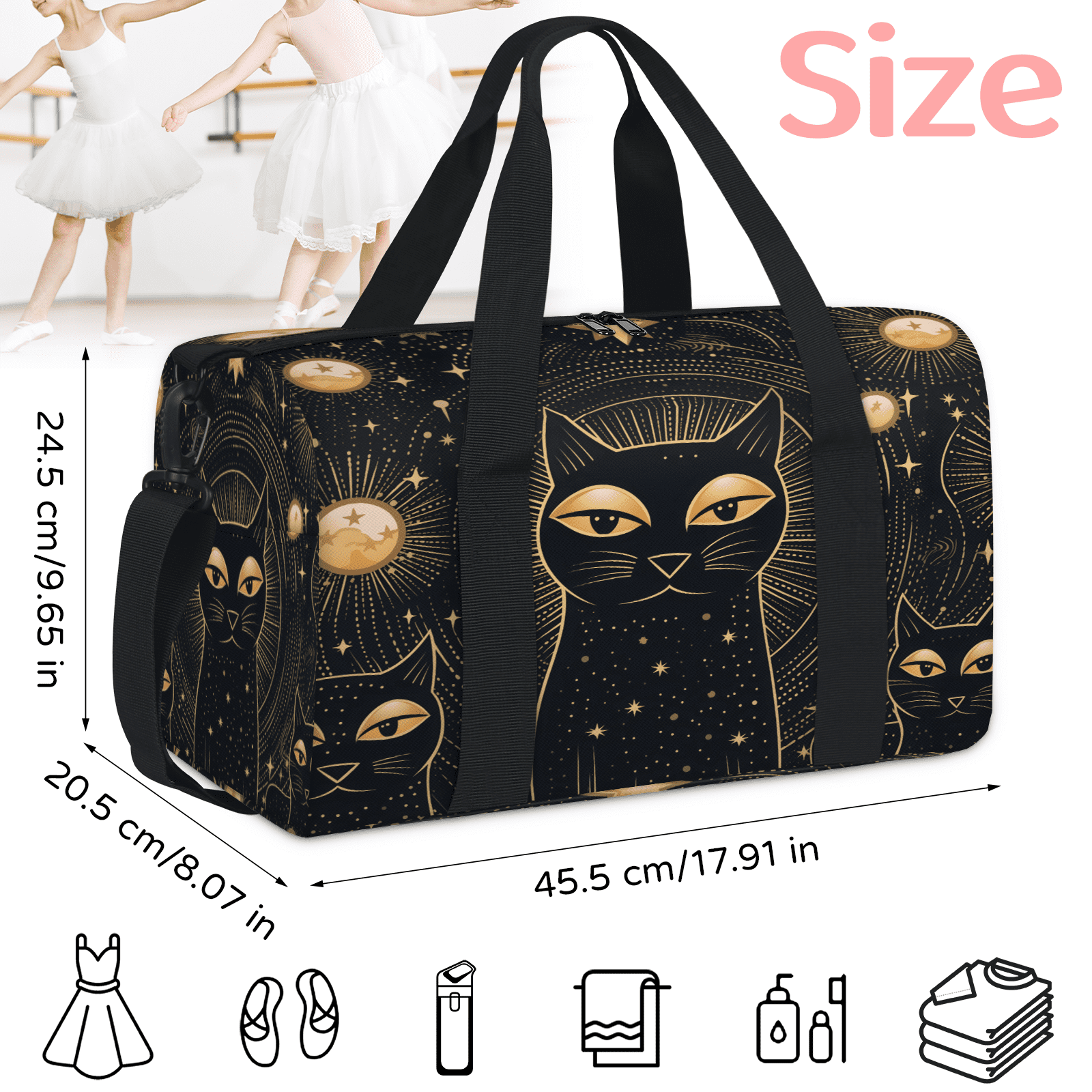 Herdesigns Black Cat Travel Duffle Bag Sports Yoga Weekender Overnight Carry on Workout Bags Lightweight Waterproof Gym Tote Bag for Women