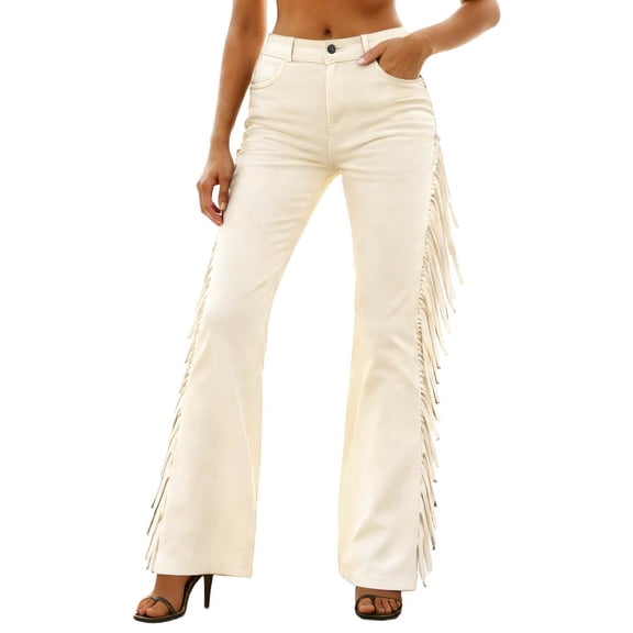 VNKIDY Womens Solid Color High Waist Flare Jeans Side Fringe Detail Slim Fit Retro Bell Bottom Denim Pants For Party Daily Streetwear Wear White XL
