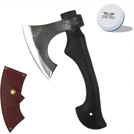 JXE JXO 13" Camping Hatchet, 1065 High Manganese Steel Axe with Hickory Handle and Leather Sheath, Compact Outdoor Tool