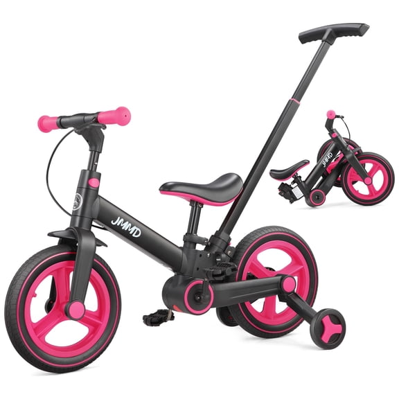 JMMD 6 in 1 Toddler Bike with Push Handle for Kids 18-60 Months, 12" Foldable Balance Bike with Training Wheels, Pedals, Brakes, Kickstand, Push Tricycle Toddler Gift & Toys for Boy & Girl