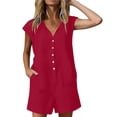 thumbnail image 6 of LNWUY Women's Solid Color Short Cuffed Sleeve Utility Rompers Elastic Waist Button Down Cotton Pocket Jumpsuit Red M, 6 of 7