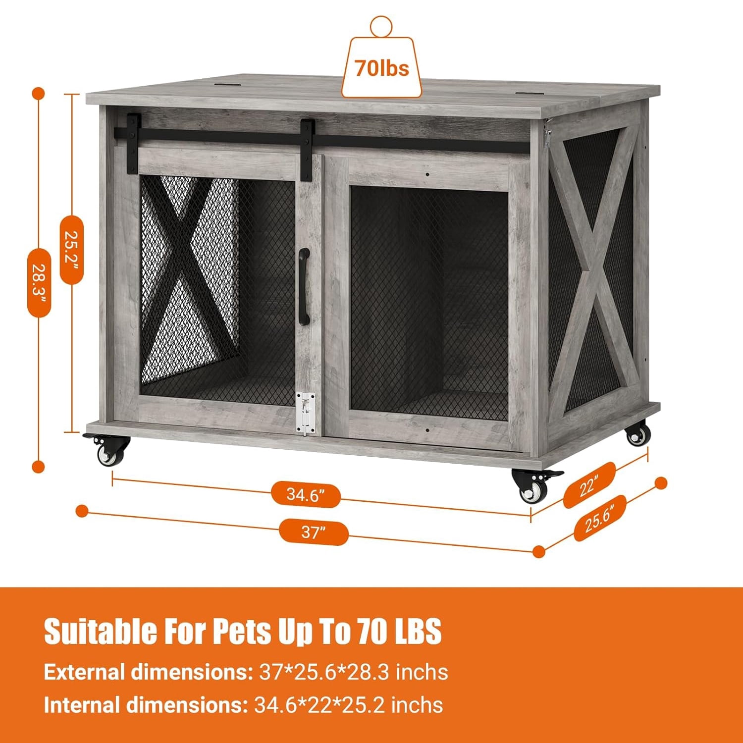 M optimized Dog Crate Furniture with Sliding Barn Door, Flip Top Dog Crate End Table with Wheels, Indoor Dog Kennel Furniture with Removable Divider, Dog House