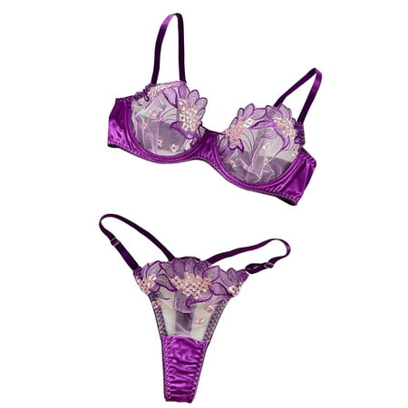 SkyAuks Sexy Lingerie for Women  See Through Lingerie  Women s Sexy Sheer Mesh Bra and Panty Sets  2 Pieces Floral Embroidery Underwire Lingerie Set  Purple(S)