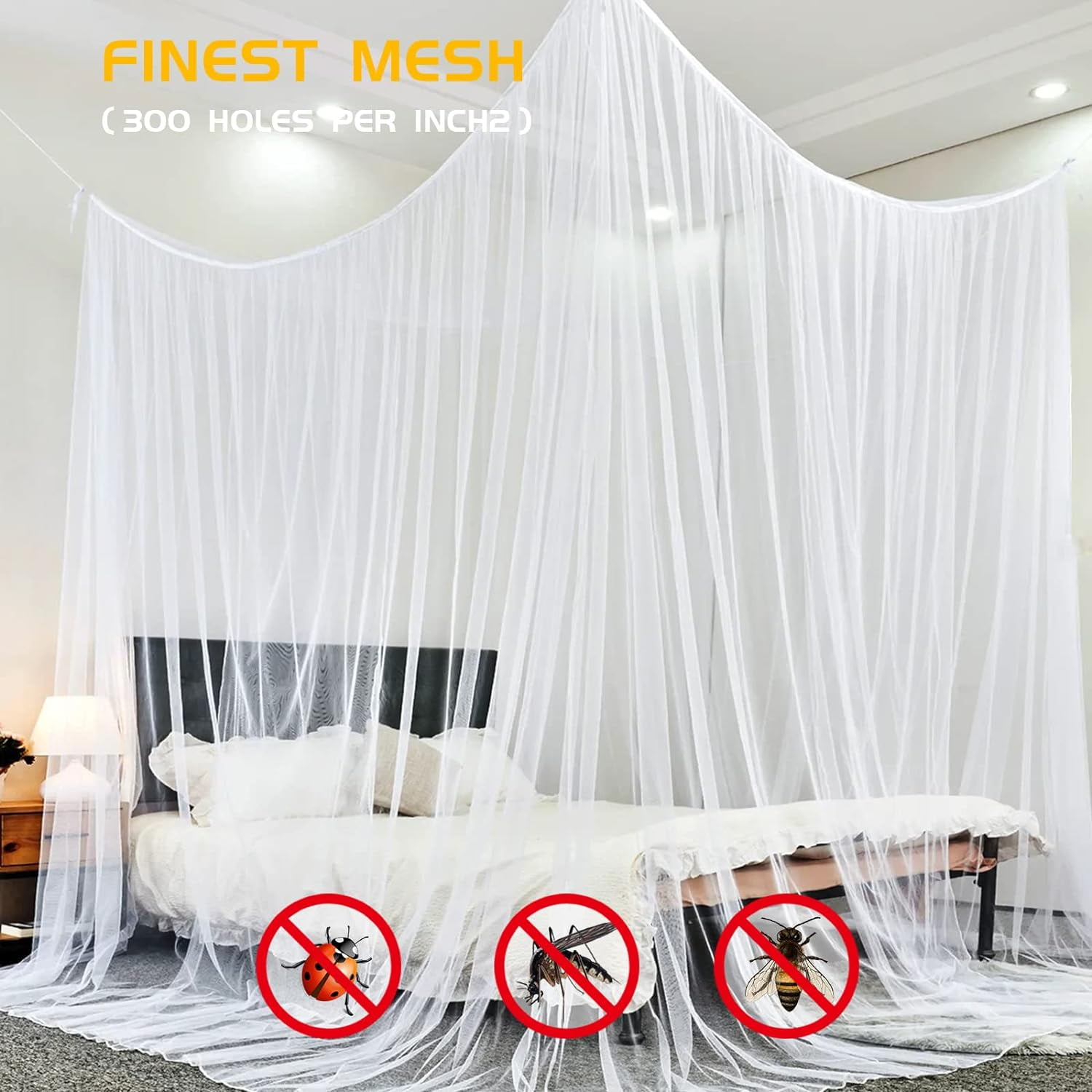 Mosquito Net Bed Canopy for Girls,King Canopy Bed Curtains Queen Size from Ceiling,Dome Mosquito Netting Bed Tent Twin Girls Canopy Bed Decor for Baby Crib,Kid Bed and Adult Beds (Black Square)
