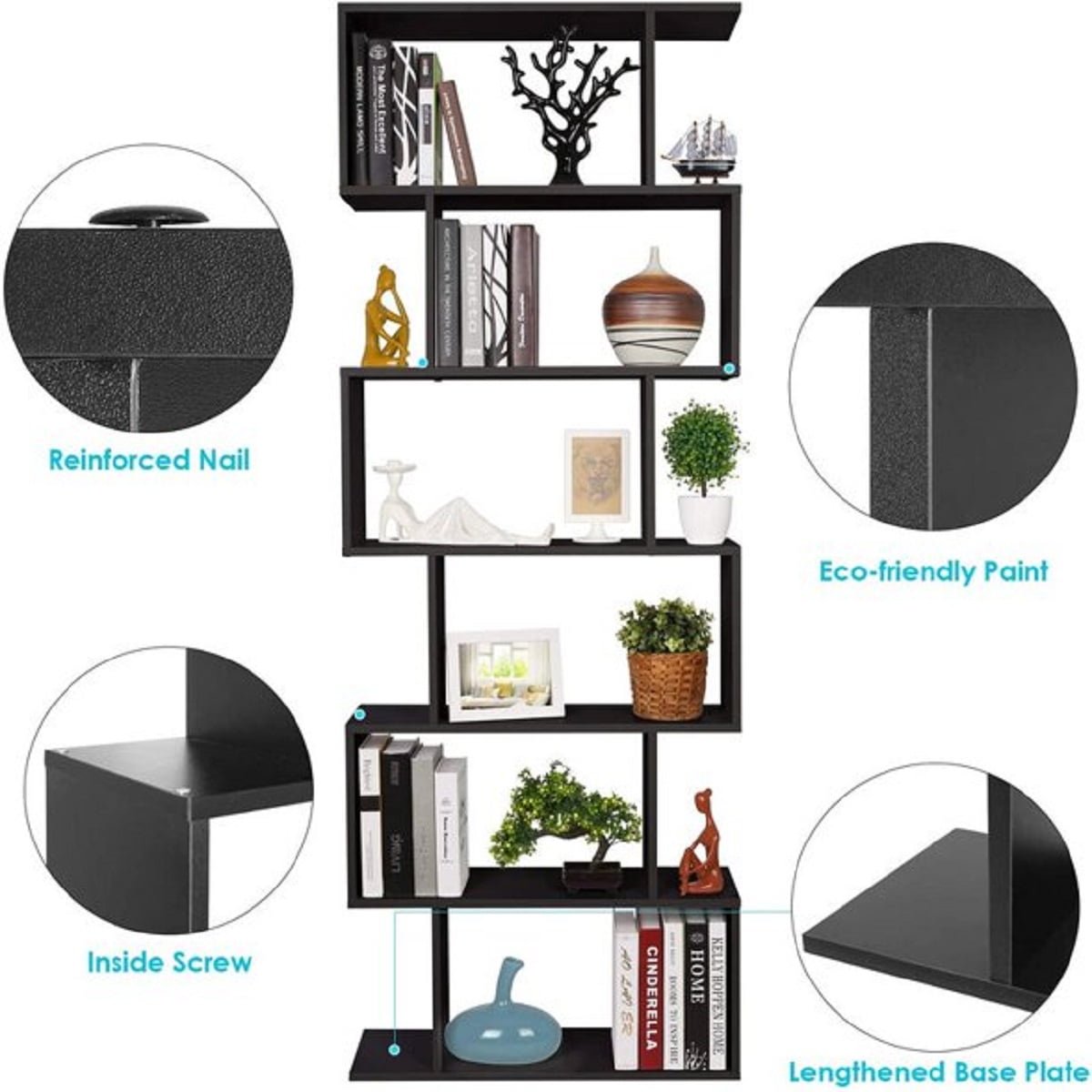 Homfa Geometric Bookcase Wooden Wood S Shape Storage Display Unit Bookcase Bookshelf 6-tier Storage, 75" H x 27.6" W, Black