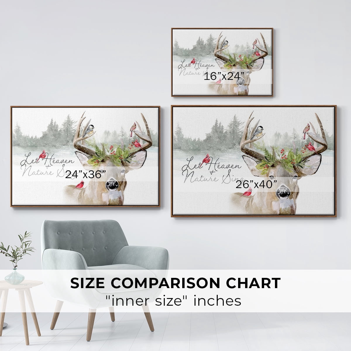Holiday Deer Collection A - Framed Gallery Wrapped Holiday Canvas - 17 x 25 - Rosewood Frame