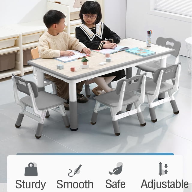 Historyli Juego de mesa y 6 sillas, altura ajustable, escritorio con grafiti y patas antideslizantes, capacidad máxima de 136 kg, mesa de actividades artísticas para niños de 2 a 10 años, color gris