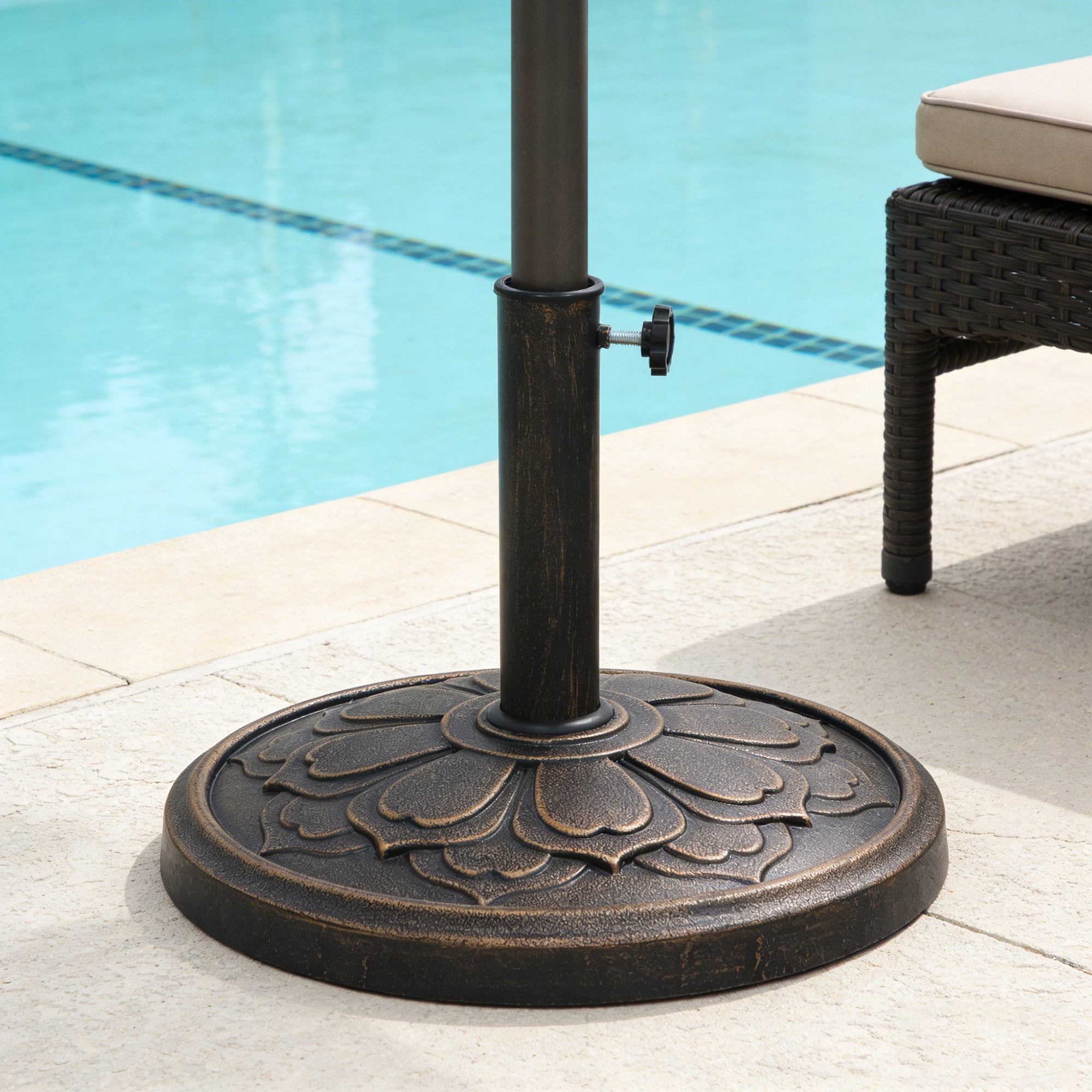 Abble 27 lbs. Lotus Design Umbrella Base Outdoor Market Umbrella Stand for Patio, Garden, Backyard, Poolside in Antique Bronze