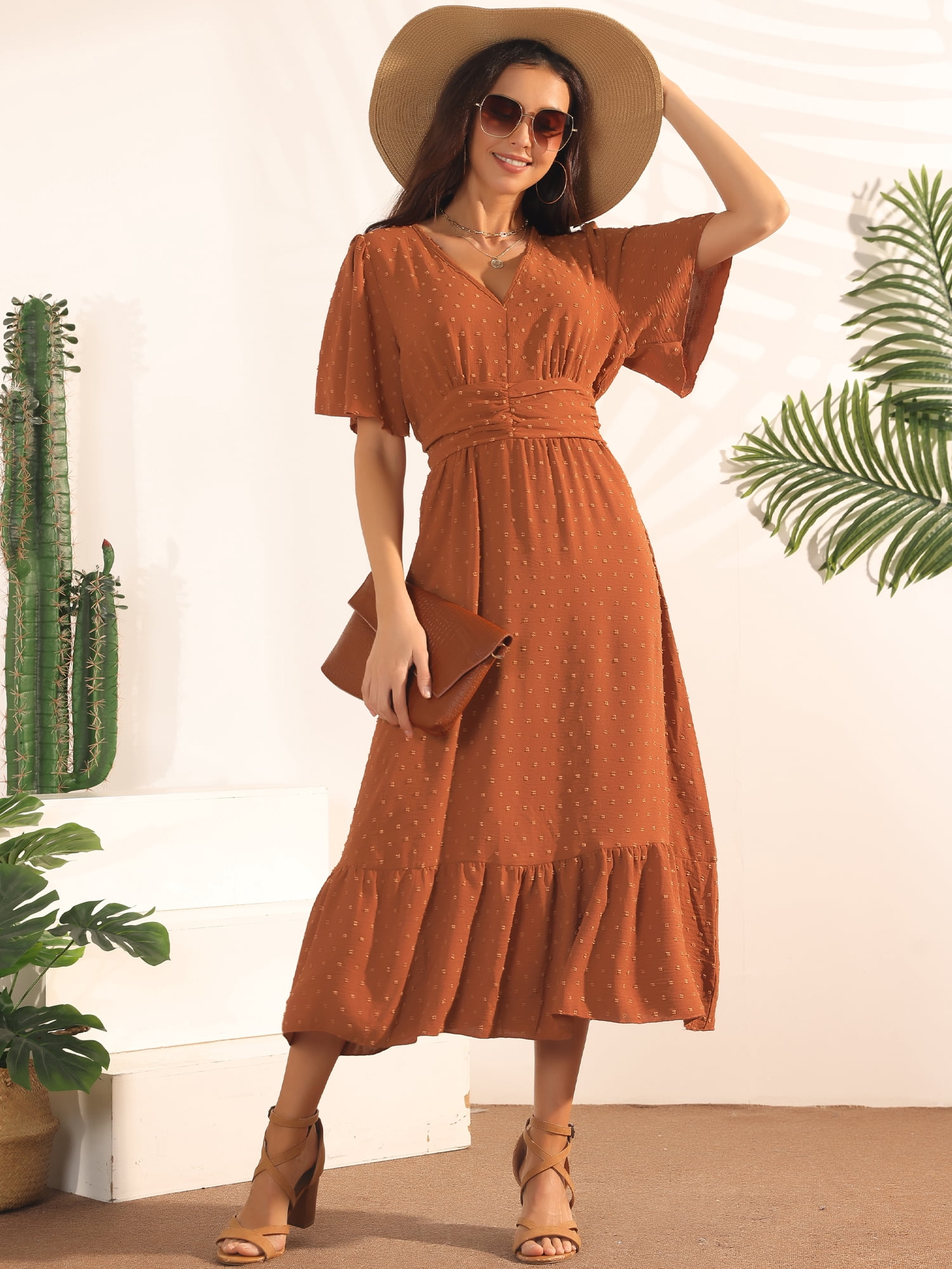 DARING DIVA Women's Swiss Dots Ruffle Midi Dresses S Caramel