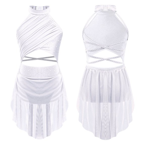 Aiihoo Girls Lyrical Dance Dress Sleeveless Backless Leotard Dress Sparkle Modern Dancing Dress White 12