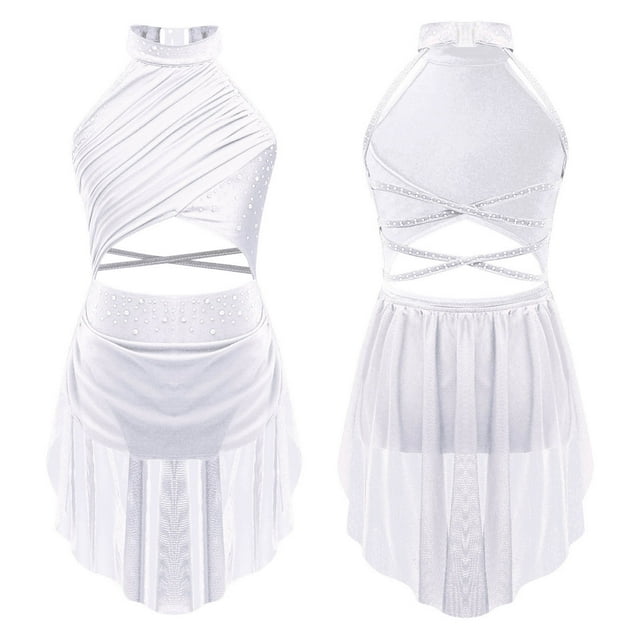 TiaoBug Robe de Danse Lyrique pour Filles Jupe Haute-Basse Irrégulière à Sequins Col Halter Robe Justaucorps de Patinage Blanc 14