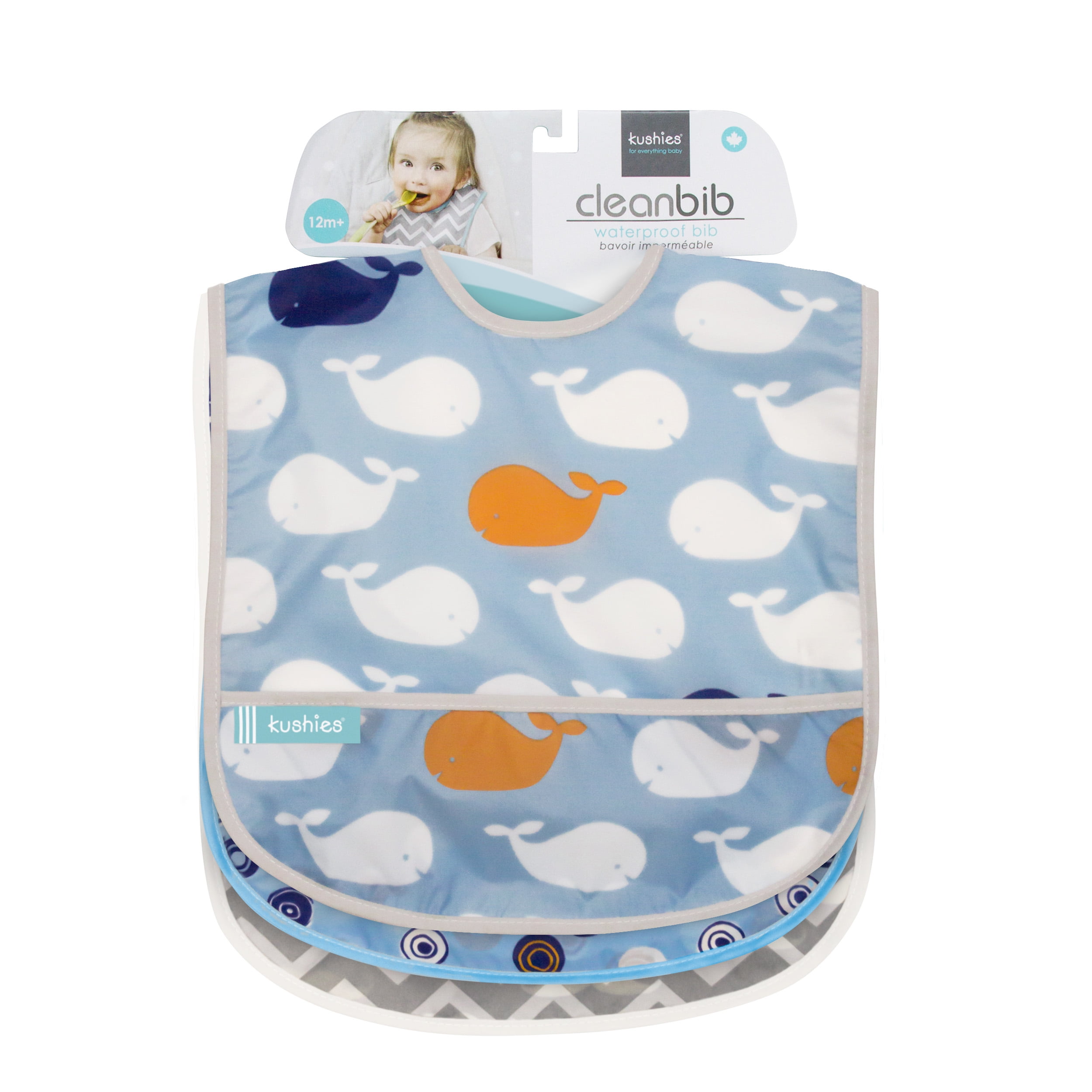 Kushies Cleanbib Waterproof Bib 6-12M 3-Pack Blue Crazy Circles 2 Blue Whales//Navy Mustache
