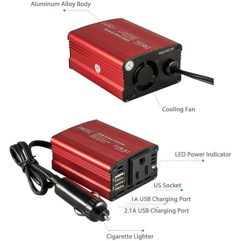 FOVAL 150W Car Power Inverter 12V DC to 110V AC Converter with 3.1A Dual  USB Car Charger (Red)