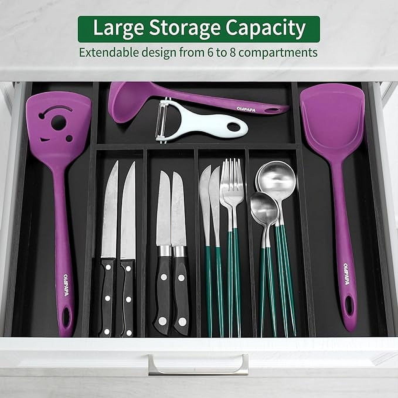 Utoplike Bamboo Black 5-7 Slots Silverware Drawer Organizer, Expandable Kitchen Utensils Drawer Organizer, Cutlery Tray, Flatware Caddy Drawer Insert