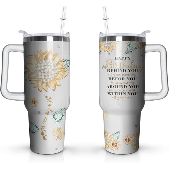 Birthday Gifts Cup, 40 Oz Stainless Steel Tumbler With Handle & Straw, Happy Birthday Gifts for Women Coffee Mug, Best Friend Birthday Decorations for Women, Happy Birthday Gifts for Women