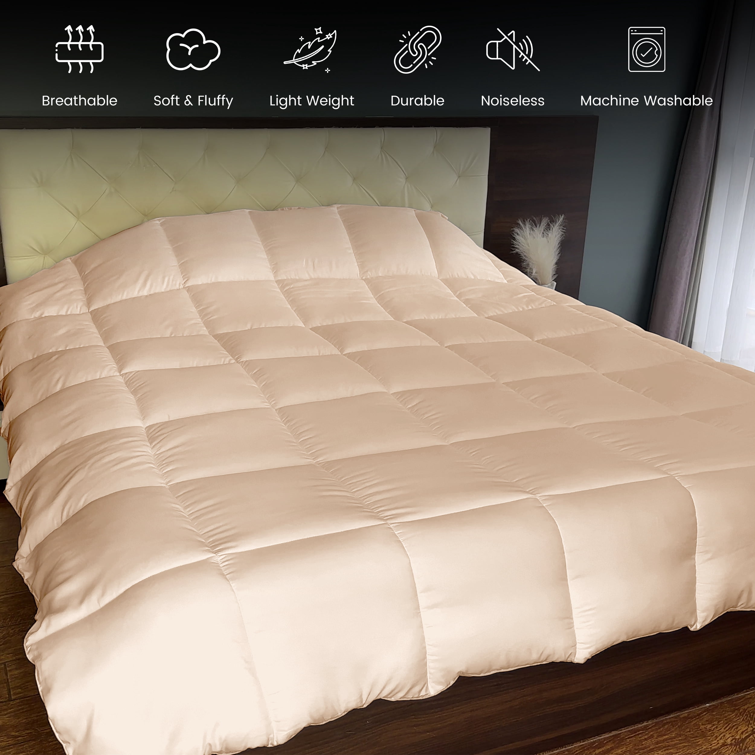 Lux Decor Collection Queen Comforter - Box Stitched Down Alternative Quilted Duvet Insert with Corner Tabs - Beige