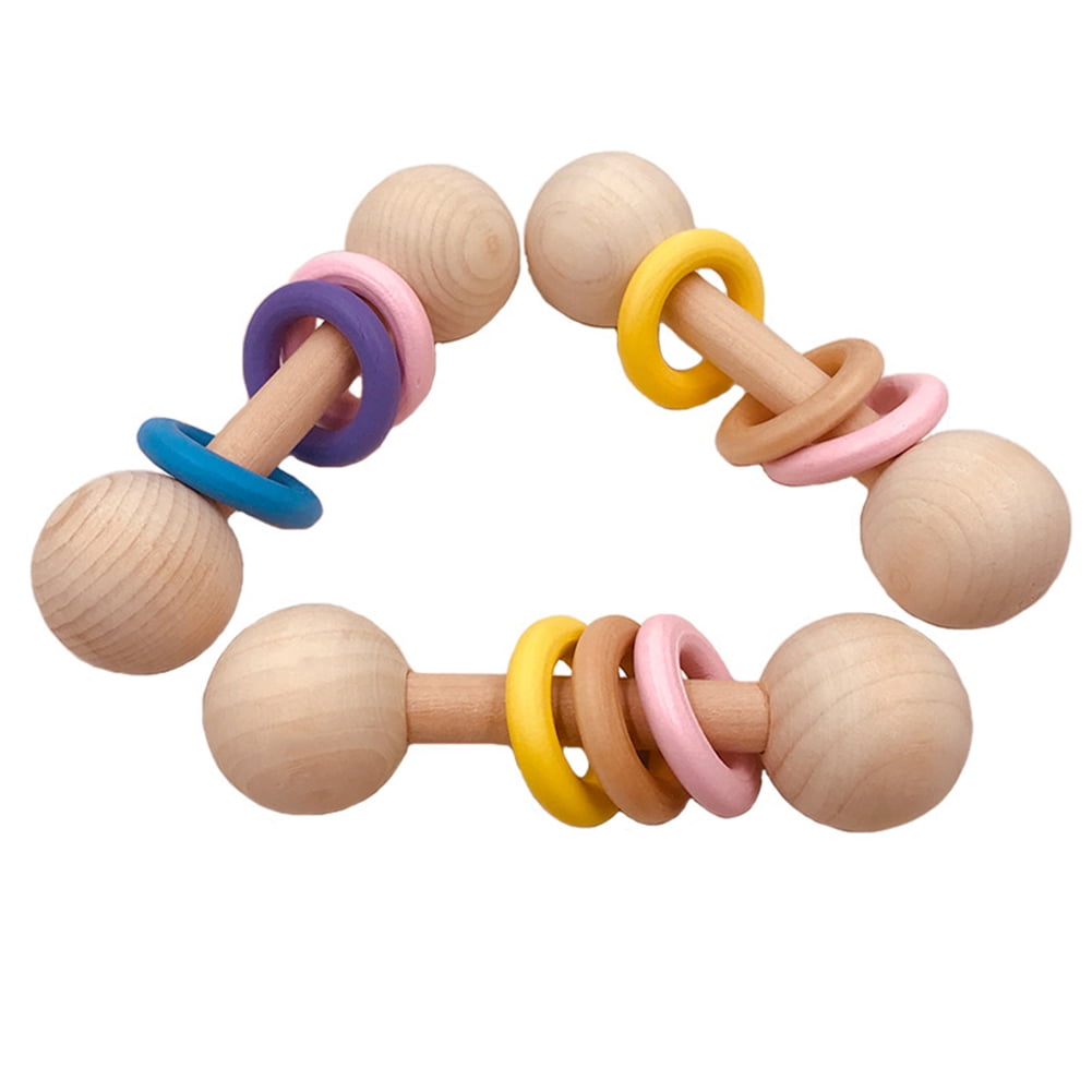 Baby Play Gym Toys Baby Teether Beech Wood Ring Wooden Rattle Silicone Beads WA 