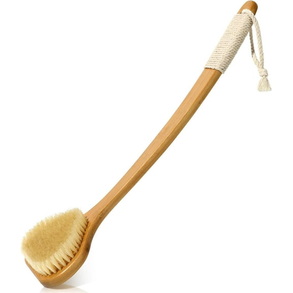 Bamboo Back Scrubber with Curved Long Handle, 17.3 Inches Exfoliating Shower Brush with Stiff Bristles for Men and Women, Back Washer Body Exfoliator for Bath or Dry Brushing