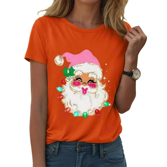 larppty Christmas Shirts Women Santa T-Shirts Xmas Graphic Tee Holiday Tops (Orange, XXL)