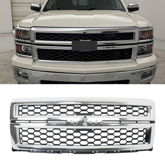 Chrome Front Upper Grille W/Matte Black Honeycomb Mesh For 2014 2015 Chevrolet Silverado 1500, No Emblem
