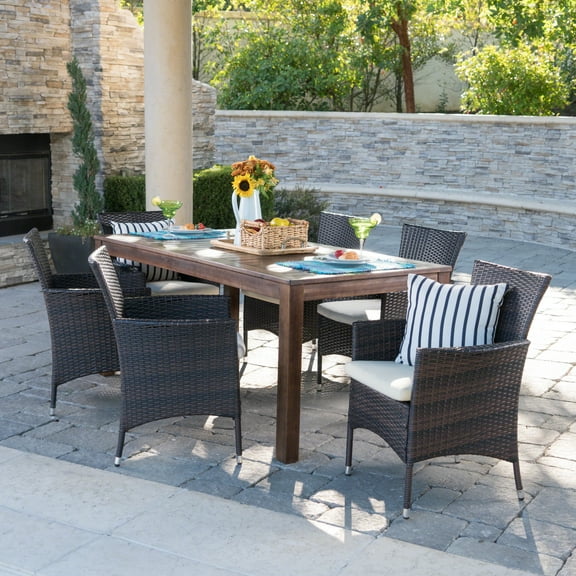 Cassius Outdoor 7 Piece Dining Set with Wood Table and Wicker Dining Chairs with Cushions, Dark Brown, Multi brown, Beige