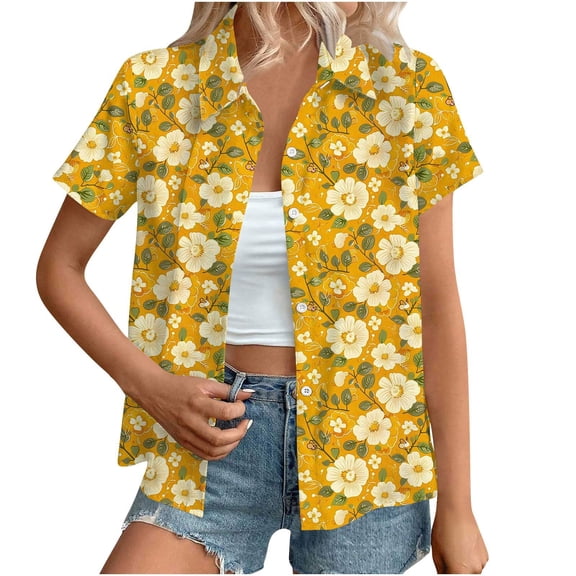 Xuyuer Women's New Short Sleeve Lapel Casual Print Button Top T-Shirt - Stylish Collared Blouse with Button Detail for Everyday Wear