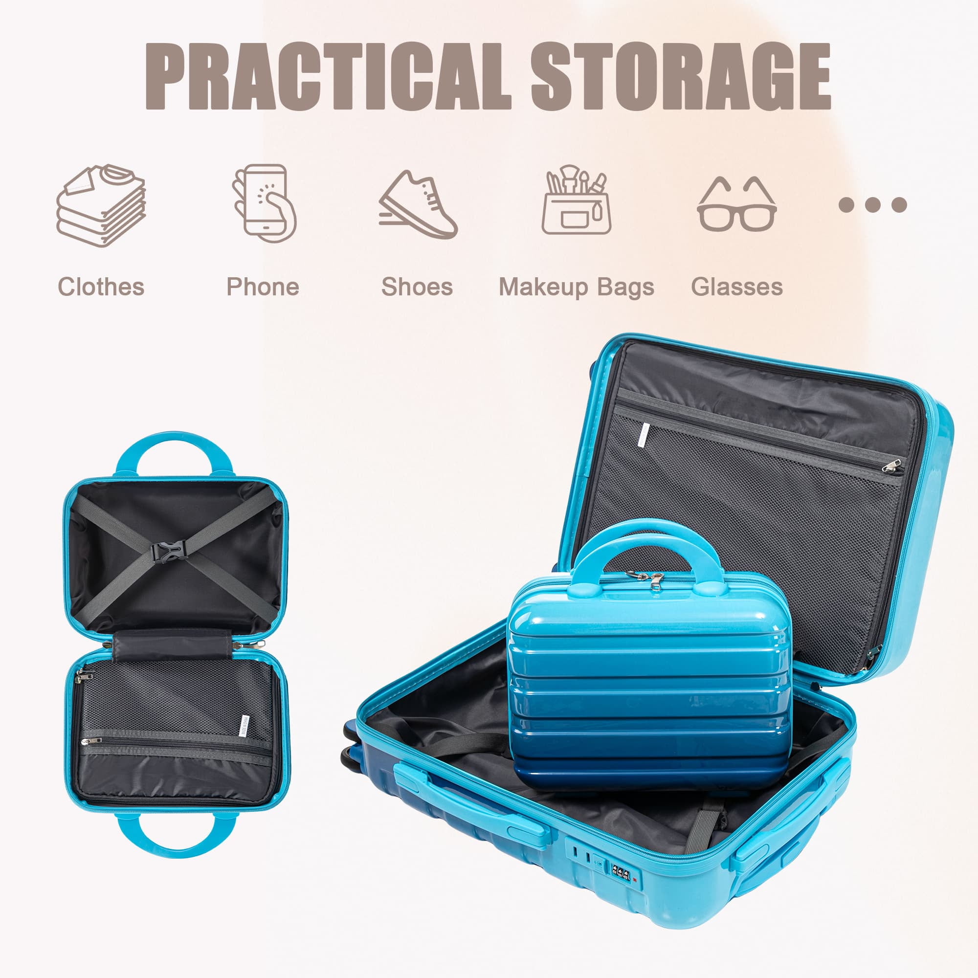 Leumius 2 Piece PC Spinner Wheel Luggage Sets, Hardside Suitcase with Combination Lock, 20 inch Carry On Luggage & 14 inch Cosmetic Case