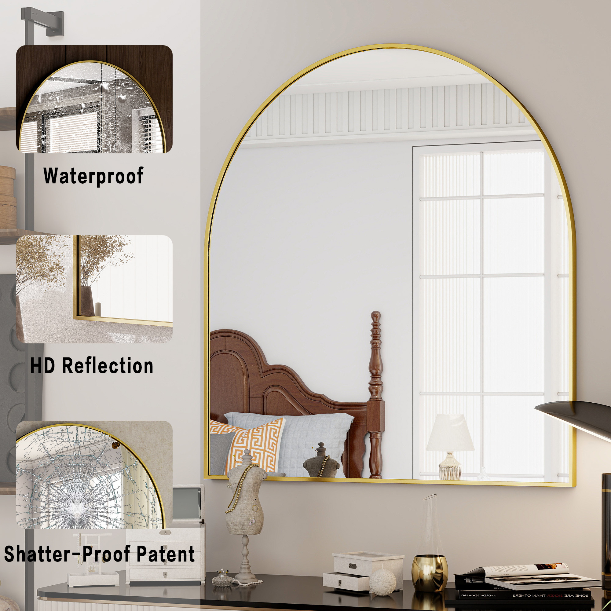 Gleamira 30"x38" Arched Bathroom Mirror Wall Mounted with Metal Frame, Gold