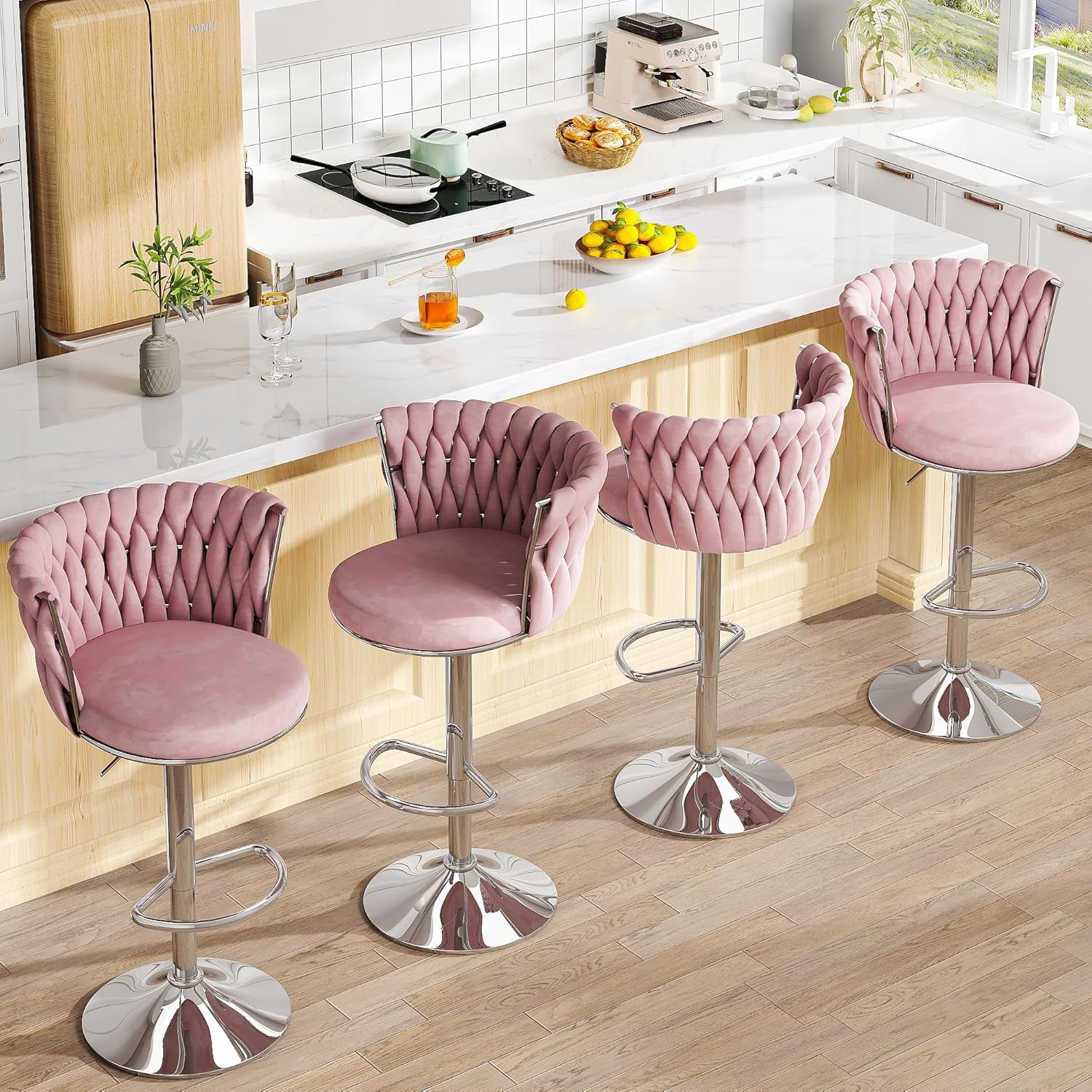 LinkRomat Velvet Bar Stools Set of 2,Swivel Counter Height Bar Stools with Backrest and Footrest,for Kitchen Island Dining Chairs,Pink