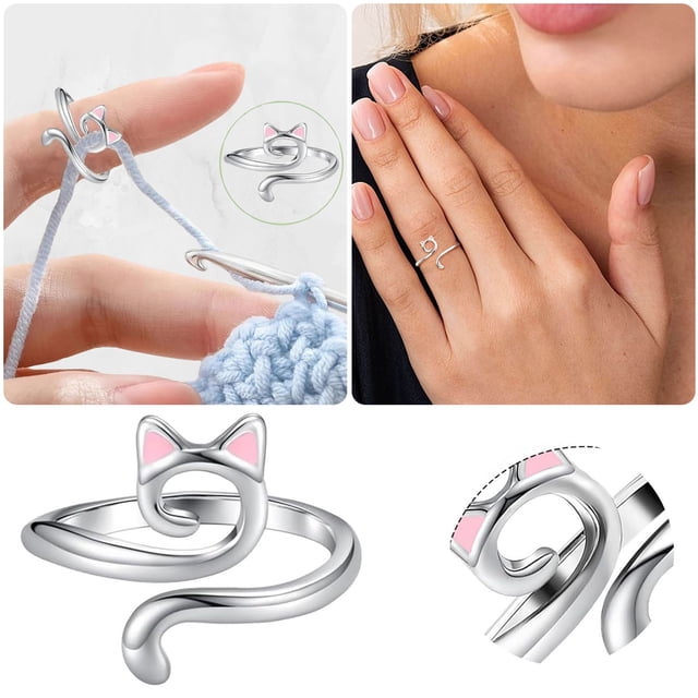 Yarn Ring with Adorable Kitty Ears Adjustable Crochet Finger Tool for Beginner Knitting Tension Control and Crafting