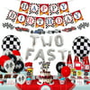 Two Fast Birthday Decorations,Cars 2nd Birthday Party Decorations,Race Car Birthday Party Supplies for Kids,Monster Truck Cake Topper Cupcake Toppers,Happy Birthday Banner and Checkered Balloons