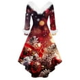 thumbnail image 3 of Women's Fashion V-Neck Casual Fit Christmas Print Party Long Sleeve Dress, Plush Trim, Holiday Print, Retro Style, Party Wear, Slim Fit, Festive,Deep Red,2XL, 3 of 3