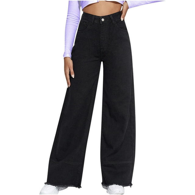 KIHOUT Jeans à Jambe Grand pour Femmes Tendance Taille Haute Ample Jambe Droite Extensible Pantalon en Denim Rétro avec Poches à Poche