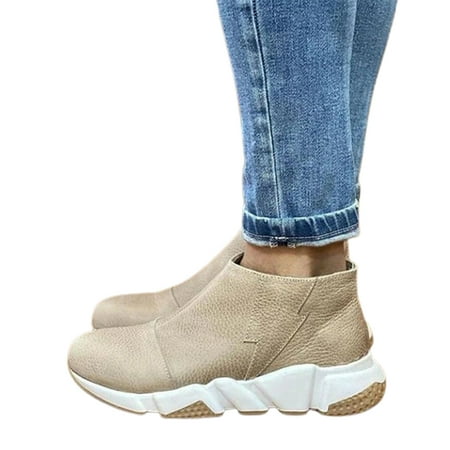 

huanledash Short Boots Zipper Closure Round Toe Side Flat Bottom Solid Color Retro Short Boots for Women