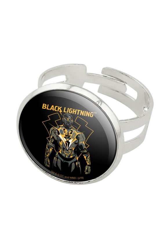 Black Lightning Graphic Silver Plated Adjustable Novelty Ring