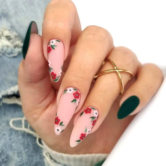 Flowers Press on Nails Medium Almond Fake Nails,Green Frosted Designs False Nails,Full Cover Glue on Nails Oval Acrylic Artificial Nails for Women Girls Stick on Nails Manicure Supplies Kit 24Pcs
