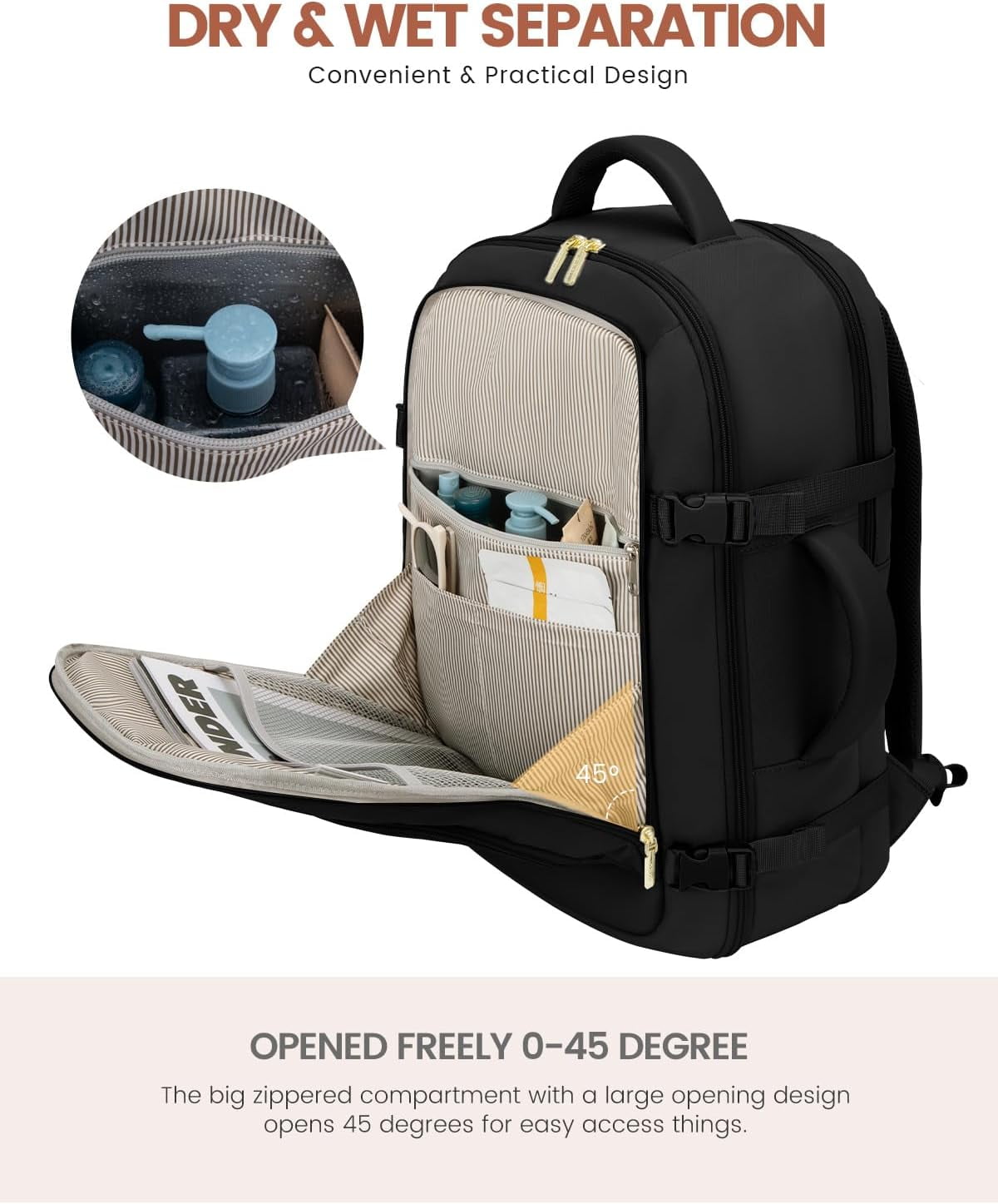 LOVEVOOK Travel Backpack For Women, 40L Carry On Backpack Flight Approved, TSA Personal Item Travel Bag Fits 17 Inch Laptop, Business Weekender Overnight Waterproof Daypack With 2 Cubes, Grey-Pink