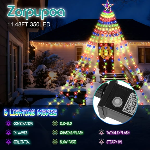 Zorpupoa 1Pc Colorful Waterfall Tree String Light for Christmas 11.48FT 350-LED Indoor Outdoor Waterproof String Lights with Topper 8 Modes for Holiday Wedding Decoration UL588 Certified