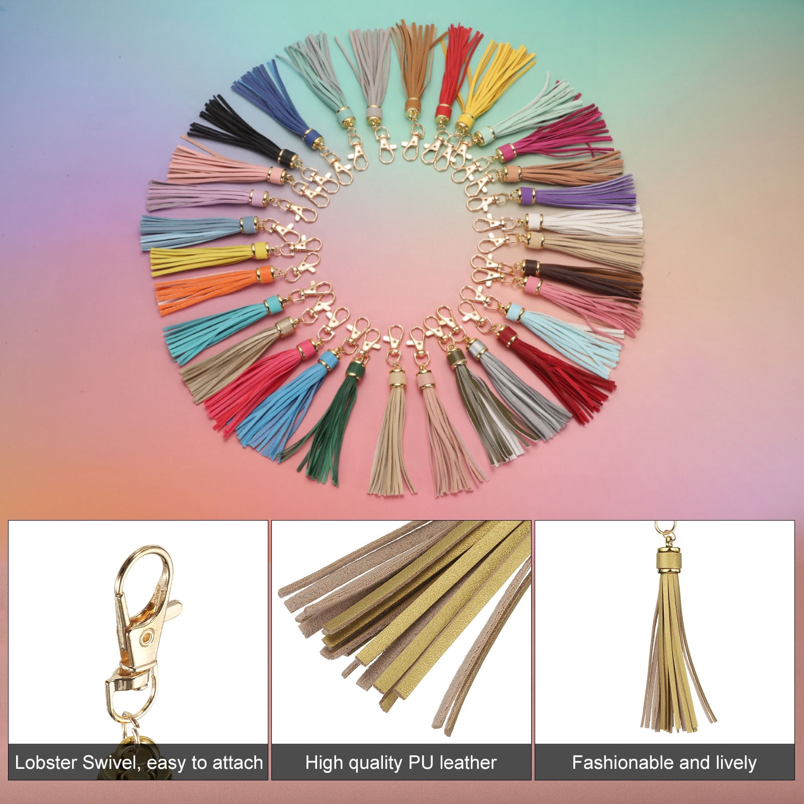 Unique Bargains PU Leather Tassels for Keychain Making Crafting Clasp Bright Gold