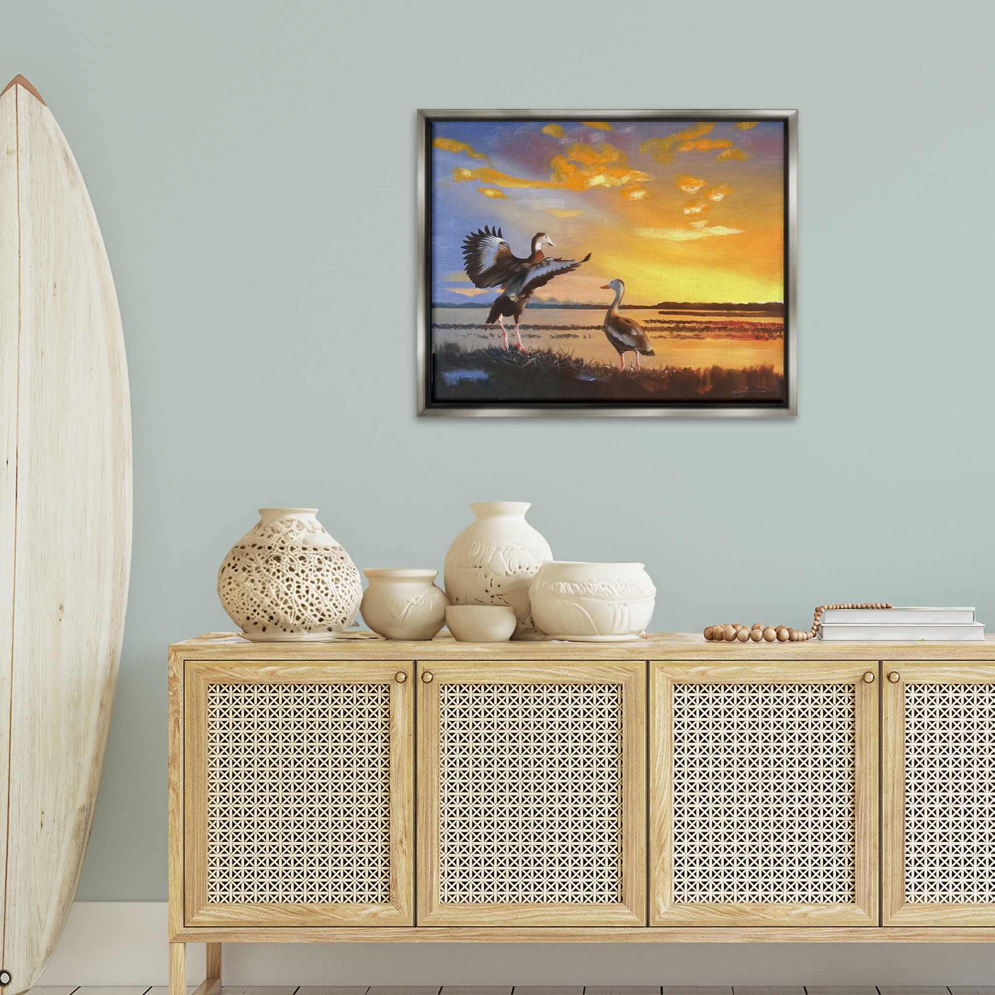 Stupell Industries Beach Birds at Sunset Animals & Insects Painting Gray Floater Framed Canvas Art Print Wall Art, 31 x 25