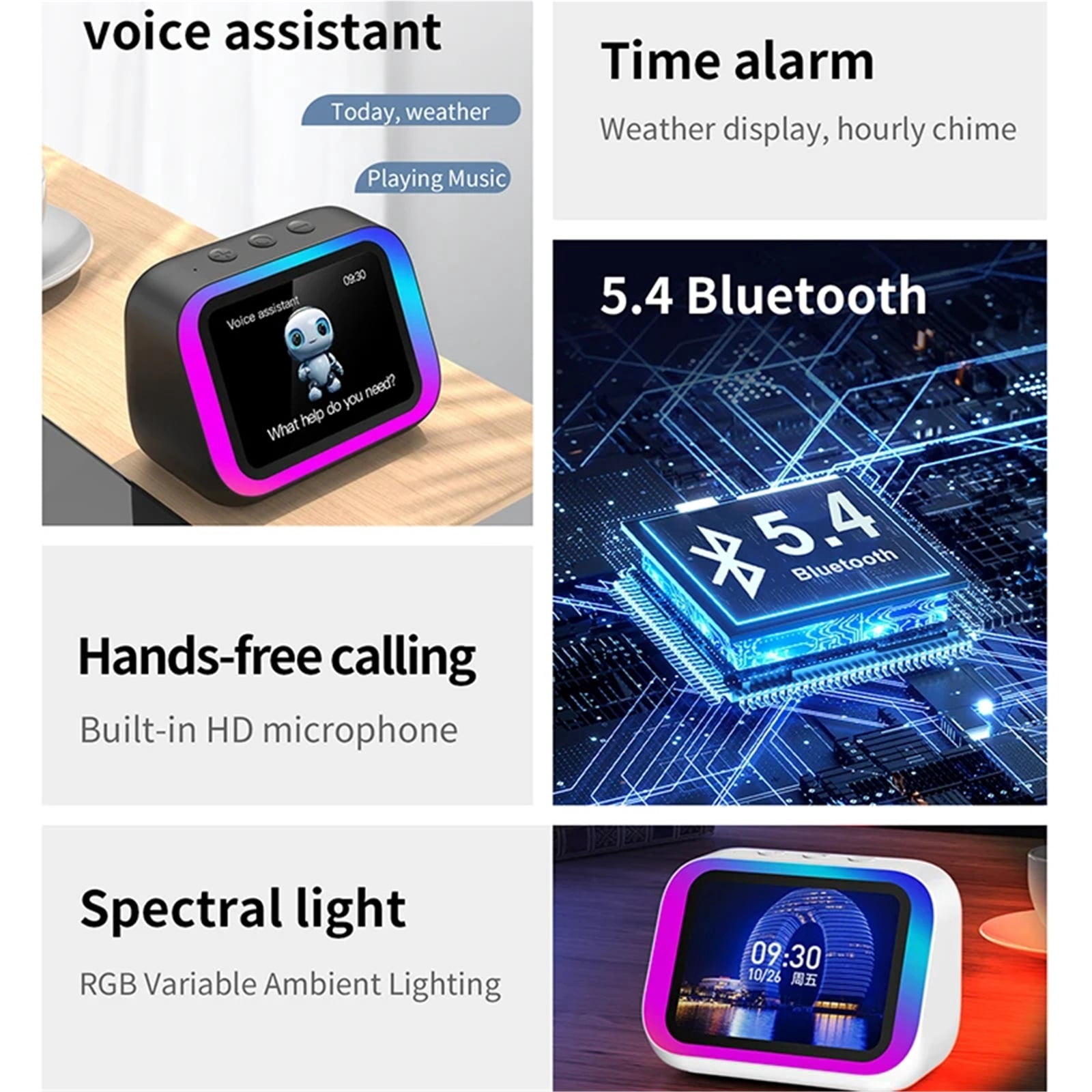smart Alarm Clock With Bluetooth Speaker & Color Display - App Controlled Weather, Night Light, Photo Frame, Sleep Stories