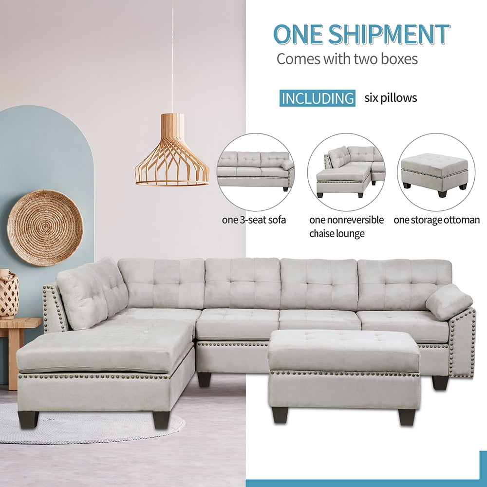 Veryke Modern L-Shape Sectional Sofa with Chaise Lounge and Storage Ottoman, Grey